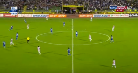 *NOT PICTURED: Fabian Johnson out of picture on the left // The US pushed it's wide midfielders high to create tempo in the second half. Here you see Eddie Johnson, Jozy Altidore and Ale Bedoya--wide right--all challenging the Bosnian backline.